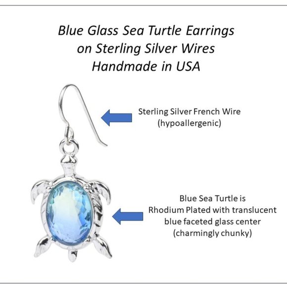 Blue Sea Turtle Earrings Sterling Silver Hypoallergenic Wires for Womens Girls - Picture 2 of 4